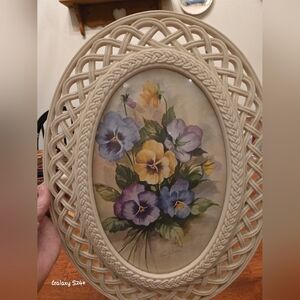 VTG Homco Cream Oval Faux Rattan Pansy Watercolor